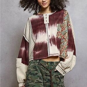 New POL Tie Dye Thermal Waffle Knit Floral Patchwork Top Oversized Small